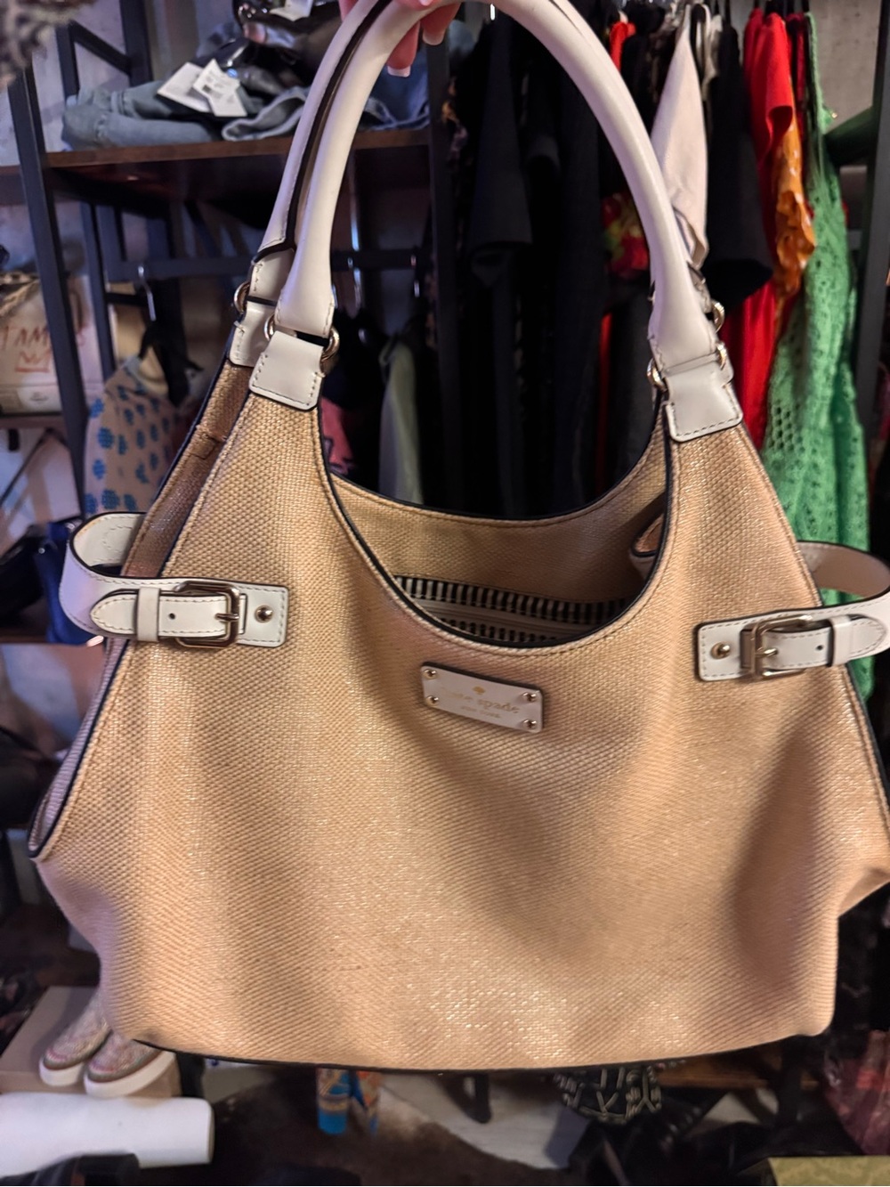kate spade Metallic Raffia and White Leather Shoulder Bag w/ dust bag LIKE NEE
